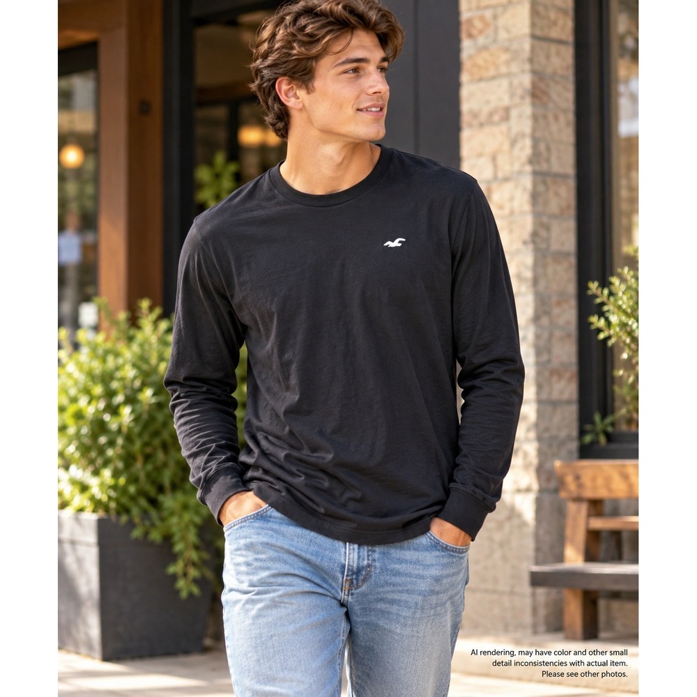 Hollister Mens Long Sleeve Crewneck T-Shirt Size M Black Cotton Curved Hem Logo